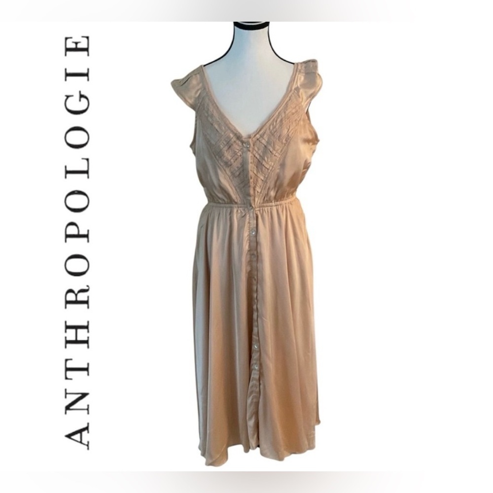 Anthropologie Boho Hanky Hem Button Front Midi Dress Beige M Cottagecore - Picture 4 of 11